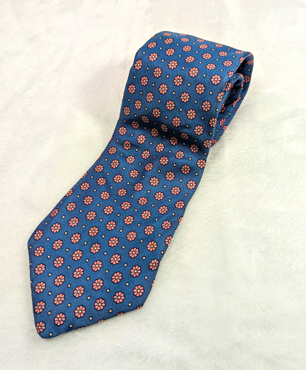 Vtg 70s Liberty of London Silk Tie Geometric Floral Foulard Slate Blue Pink 57"
